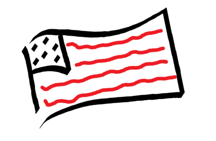 hand drawn American flag outlined in black calligraphy lines with minimalist rectangles in place of stars and red scribbled lines across the waving flag. Logo for AmericanStudies blog by Ben Railton