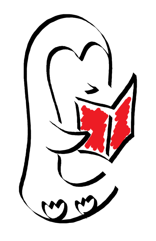Hand drawn penguin in outline with open calligraphy lines in black. The penguin is holding a book colored with scribbled red.