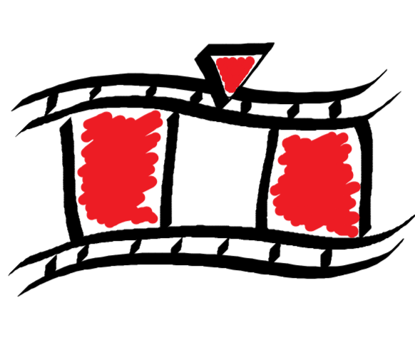 A wavy film reel with a ticker drawn on top. The lines are black calligraphy and two panels of the film as well as the ticker are scribbled with red. Logo for Review Roulette by Vaughn Joy