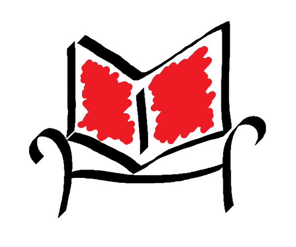 A minimalist couch drawn with black calligraphy lines. The cushions of the couch are the same book the penguin holds with red scribbles on the cover. Logo of ScholarSunday by Ben Railton