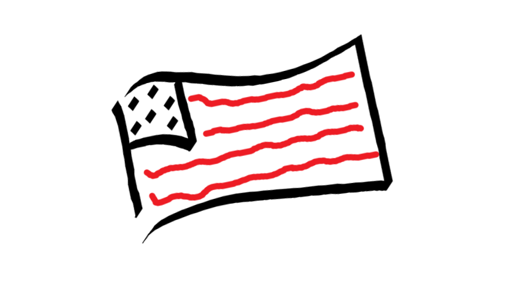 hand drawn American flag outlined in black calligraphy lines with minimalist rectangles in place of stars and red scribbled lines across the waving flag. Logo for AmericanStudies blog by Ben Railton