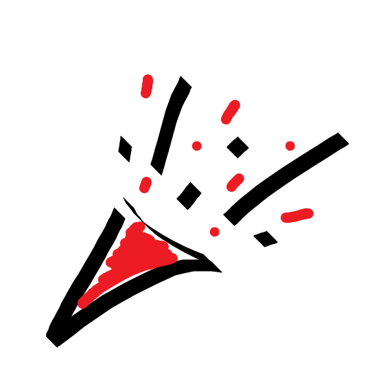 A hand-drawn party horn cone is outlined in black with a red scribbled fill. Coming out of the horn is black and red confetti