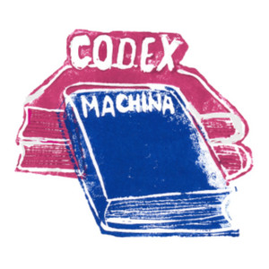 Logo for the Strange Land Book Club that shows two books in the style of a linoprint. The larger is maroon and said Codex while the smaller sits against it in the foreground in navy blue and reads Machina