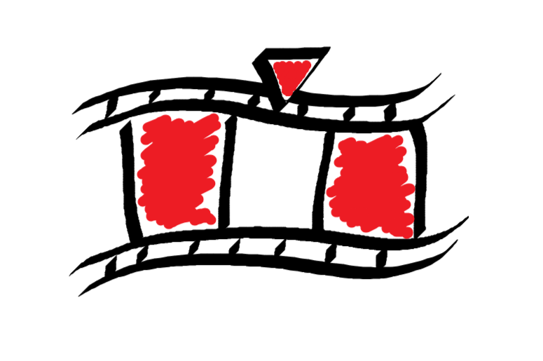 A wavy film reel with a ticker drawn on top. The lines are black calligraphy and two panels of the film as well as the ticker are scribbled with red. Logo for Review Roulette by Vaughn Joy