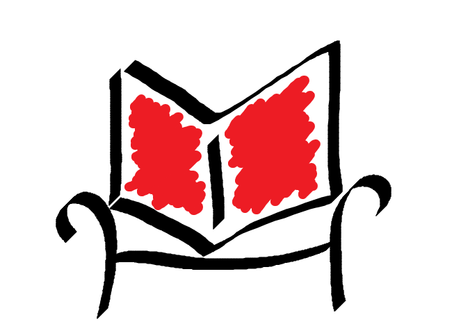 A minimalist couch drawn with black calligraphy lines. The cushions of the couch are the same book the penguin holds with red scribbles on the cover. Logo of ScholarSunday by Ben Railton