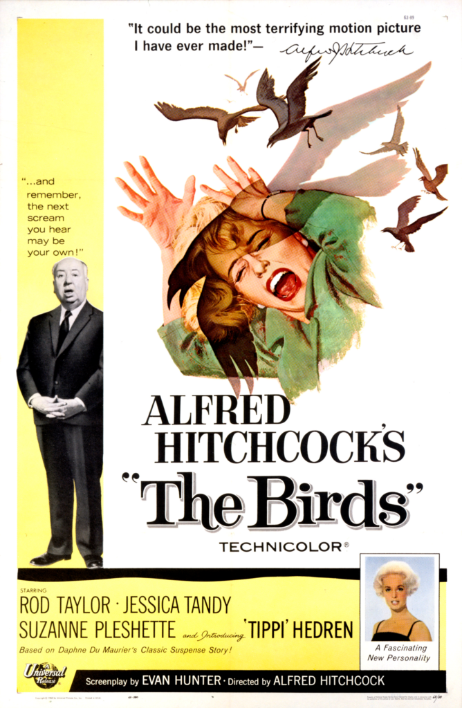 Poster for The birds 1963 featuring Tippi Hedren in a green jacket being attacked by crows.