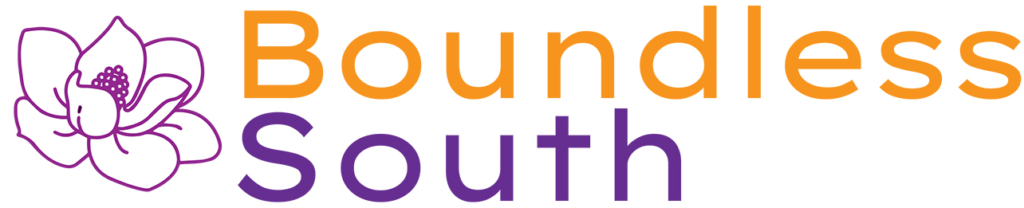 A purple outlined magnolia next to the words Boundless in orange and South in purple