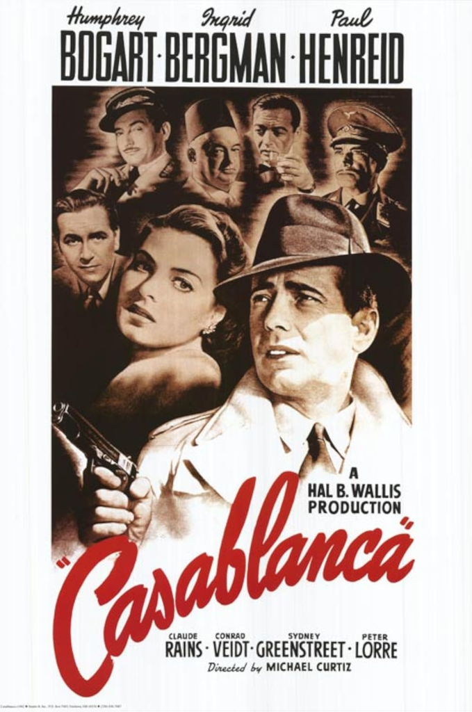 poster for Casablanca with sepia toned images of the main cast including Humphrey Bogart, Ingrid Bergman, and Paul Henreid