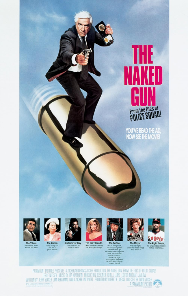 Leslie Nielsen holding a gun and police badge while surfing on a massive gold bullet in the sky. Poster for The Naked Gun 1988