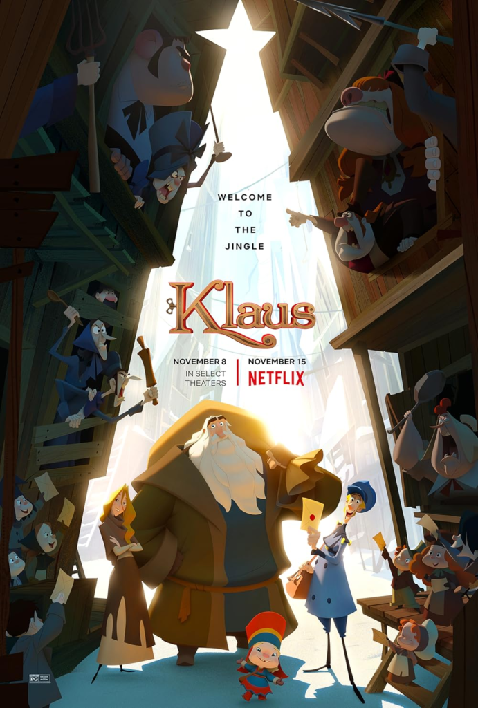 Poster for Klaus featuring all of the main characters and the lighted silhouette of a christmas tree
