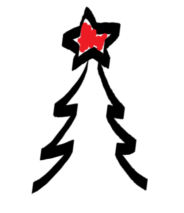 hand drawn Christmas tree in a black outline with red scribbled star