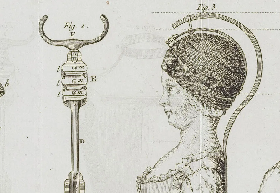 Scientific drawing of a woman in a bonnet and a skull measuring device