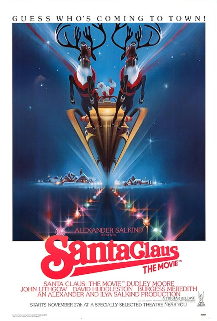 Poster for Santa Claus: The Movie (1985) with Santa's sleigh and reindeer going at the speed of light