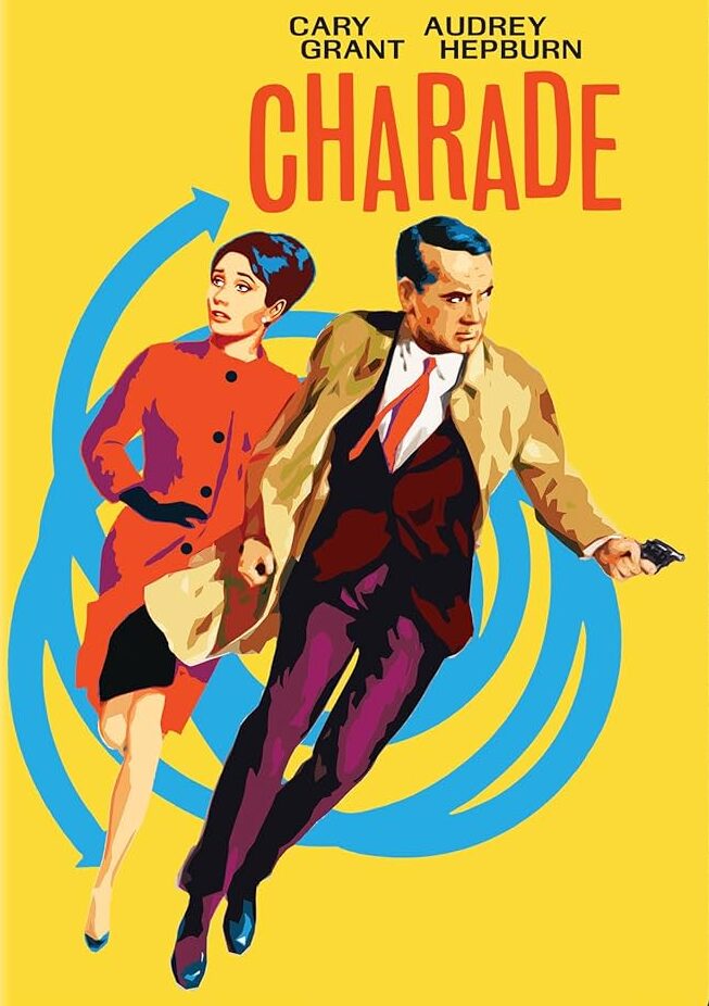 Poster for Charade (1963), a yellow background with a light blue swirling circle behind an illustrated Cary Grant and Audrey Hepburn