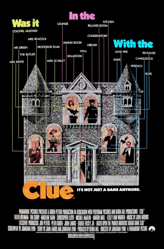 Poster for Clue (1985) showing a cobblestone house with each suspect framed in windows