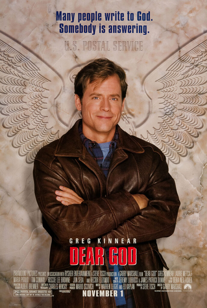 Poster for Dear God with Greg Kinnear standing arms crossed in front of the postal service eagle crest