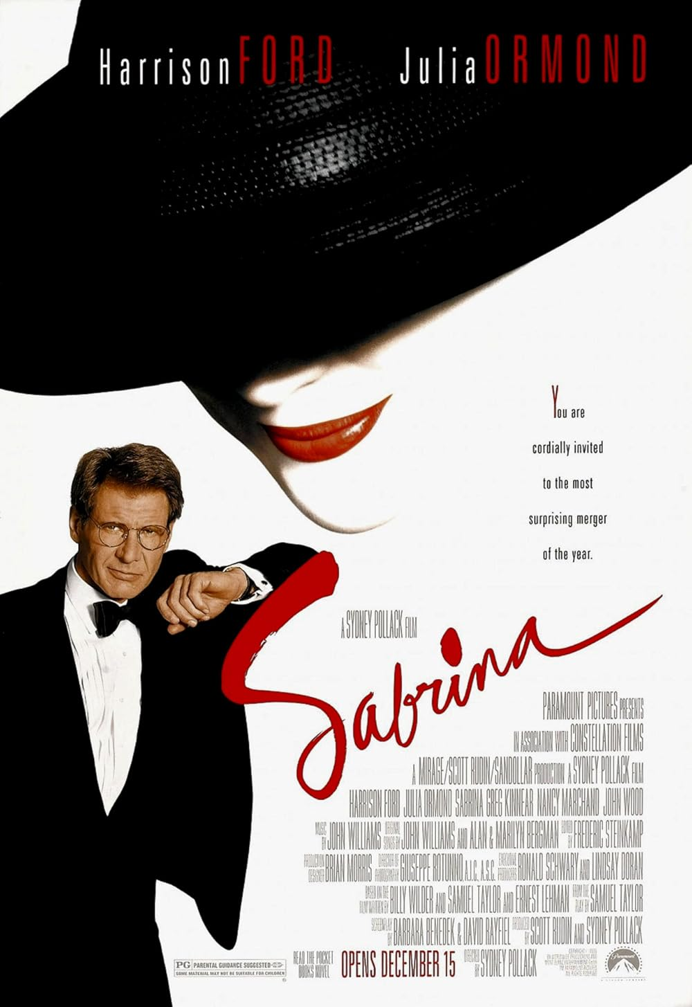 Poster for Sabrina 1995 with Harrison Ford and a woman's face with red lips obscured by a black hat