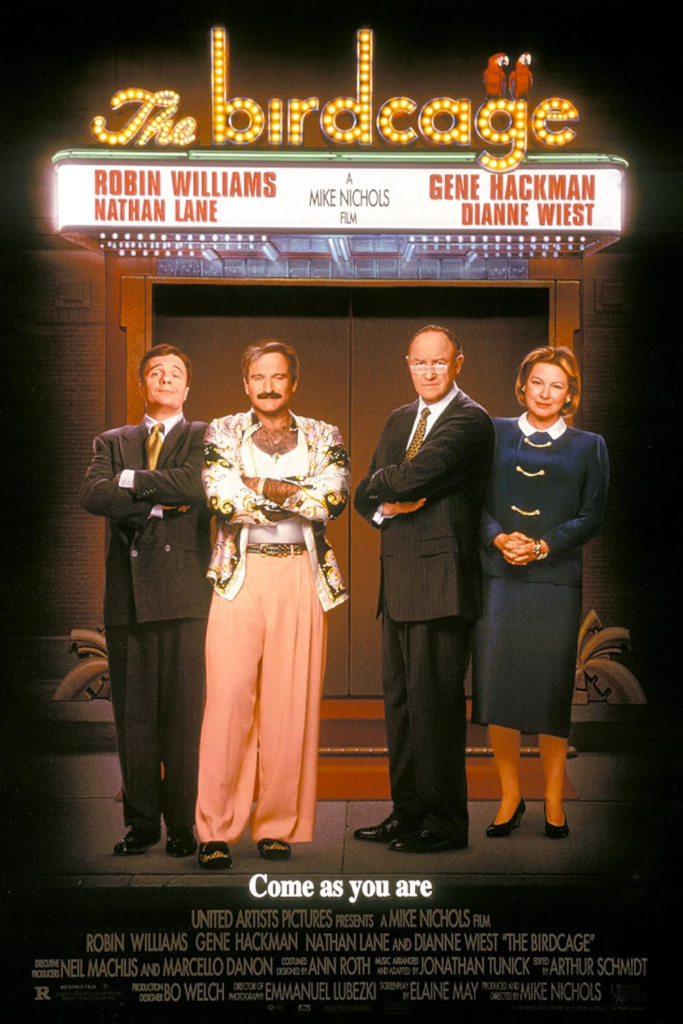 Poster for The Birdcage (1996) with Nathan Lane, Robin Williams, Gene Hackman, and Dianne Wiest under a marquee