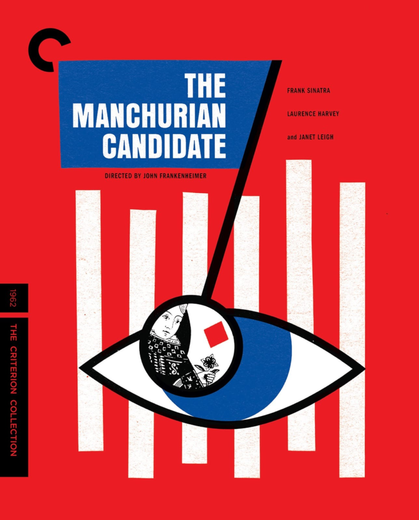 Poster for The Manchurian Candidate (1962) with a queen of diamonds circled in front of a minimalist blue eye